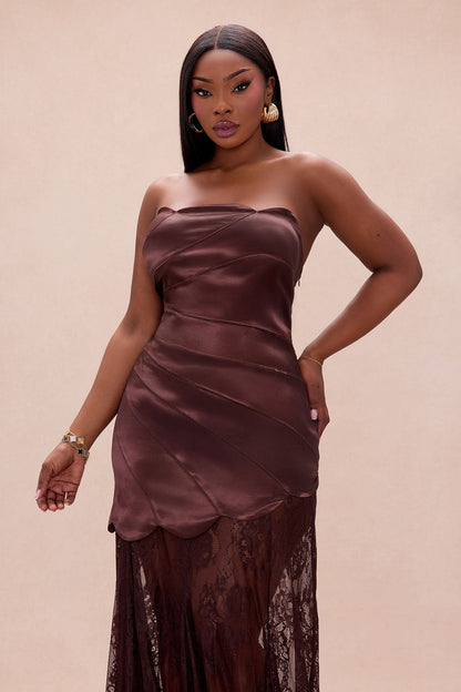 Cassandra Drop Waist Satin Lace Gown - Chocolate