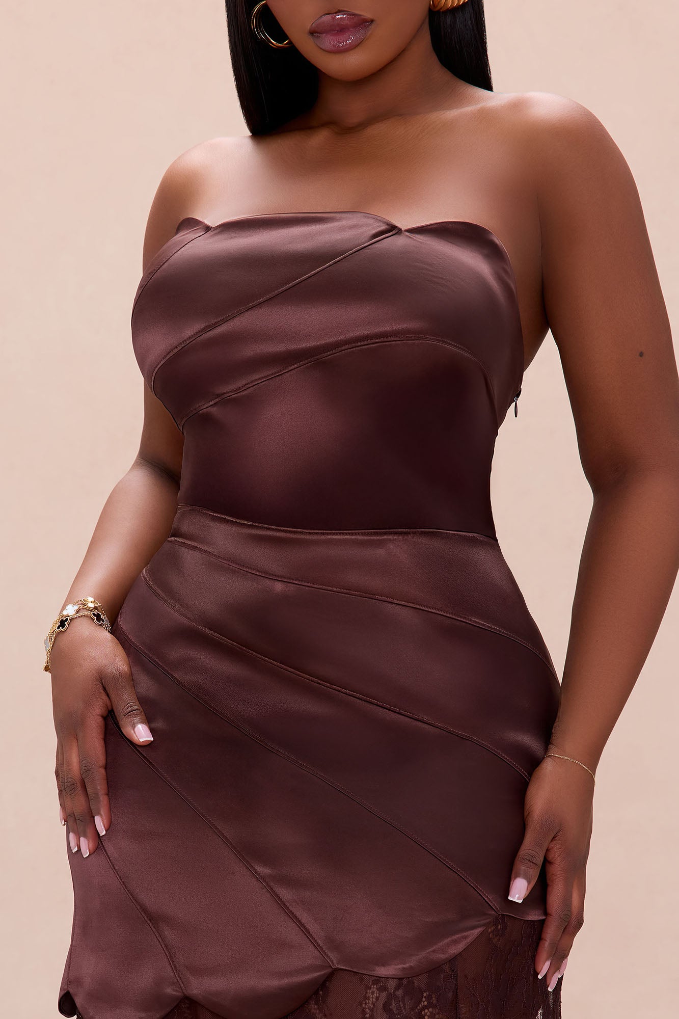 Cassandra Drop Waist Satin Lace Gown - Chocolate