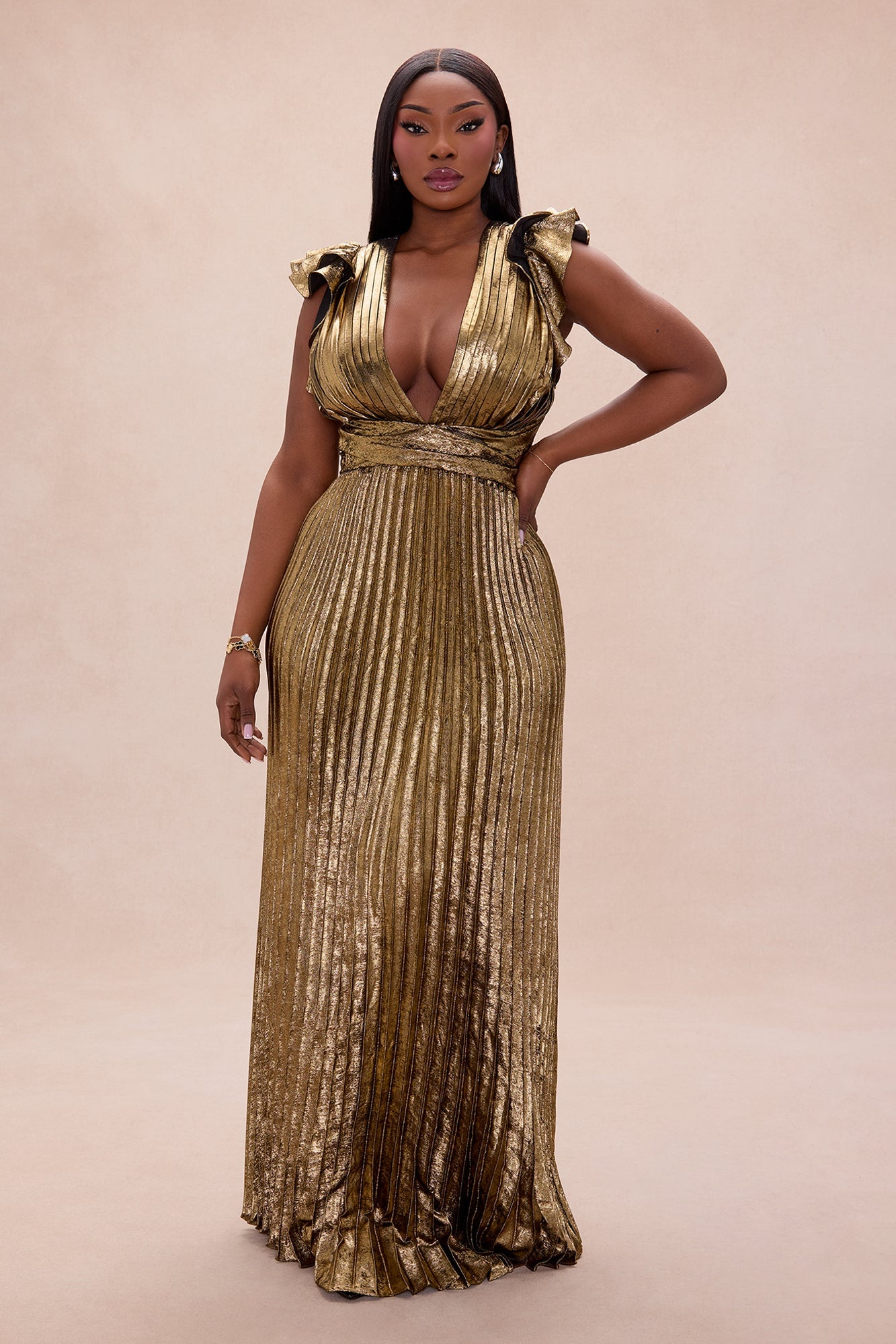 Theodora Ruffle Sleeve Metallic Maxi Dress - Gold