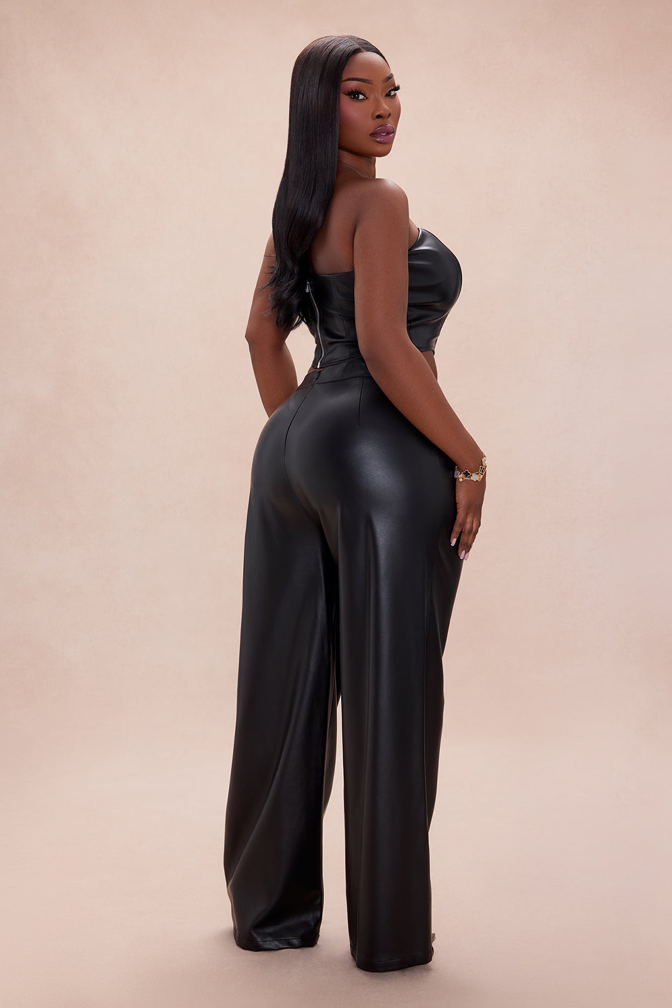 Kara Pleated Faux Leather Pants - Black