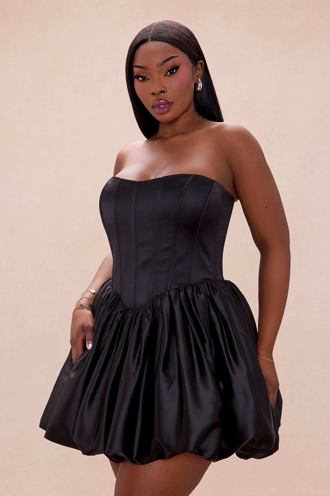 Briella Bubble Satin Mini Dress - Black