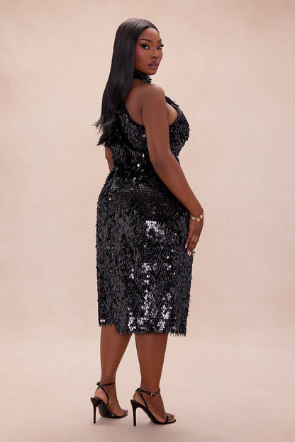Mariella Mock Neck Sequin Midi Dress - Black