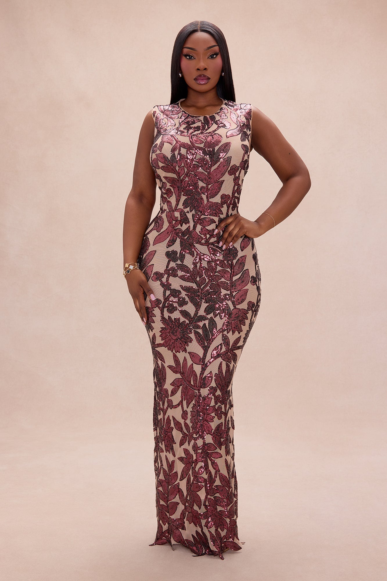 Cindy Floral Sequin Gown - Burgundy