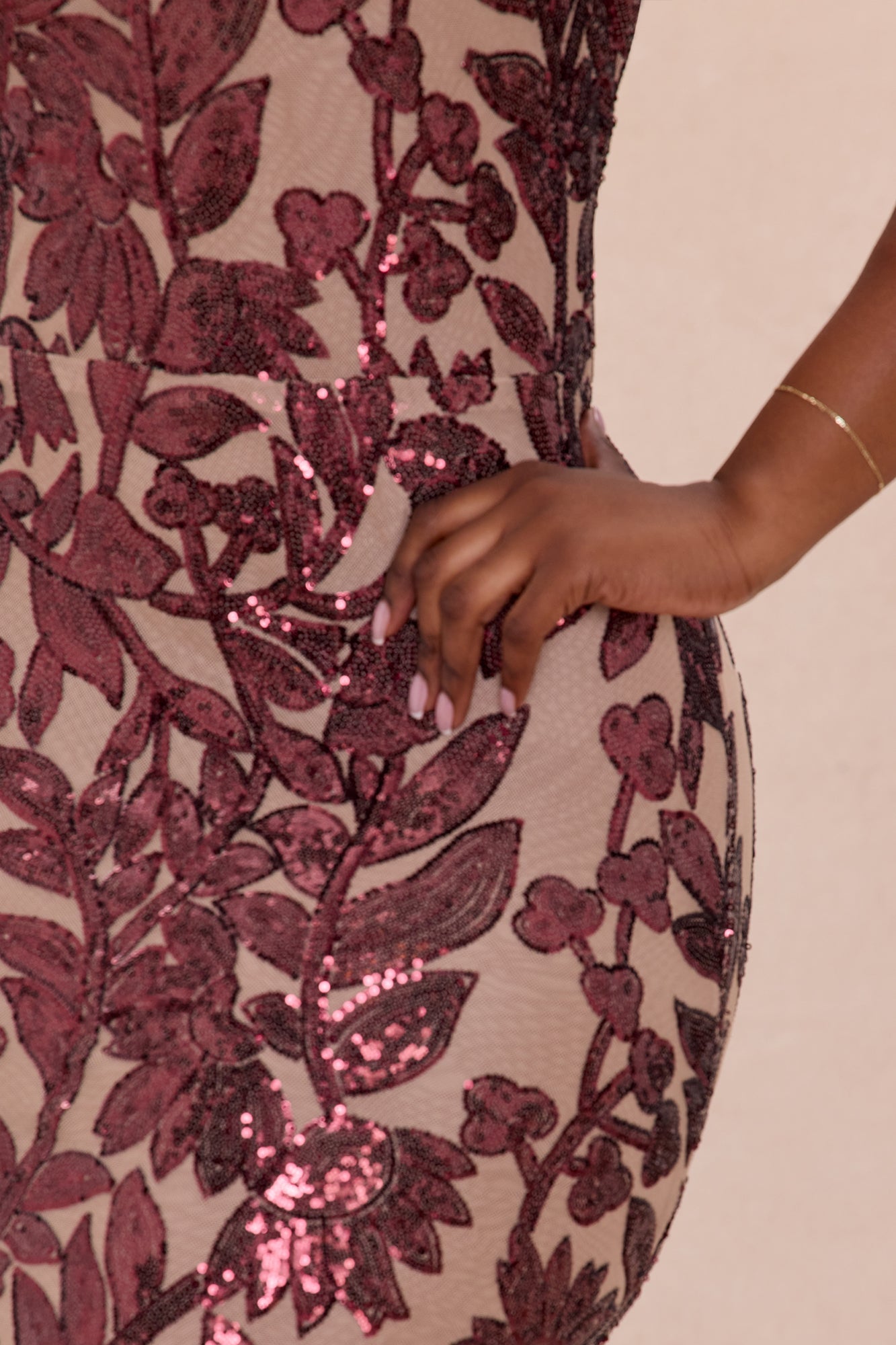 Cindy Floral Sequin Gown - Burgundy