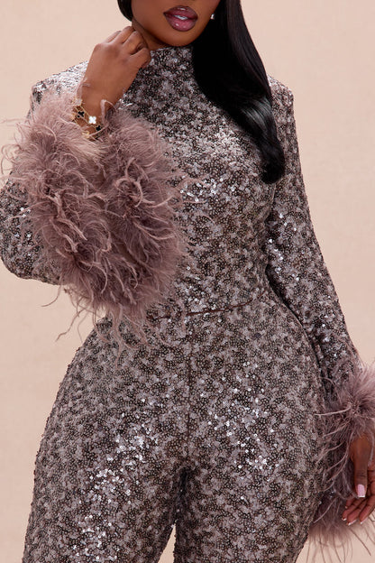 Opal Dreams Feathered Sequin Pant Set - Chocolate