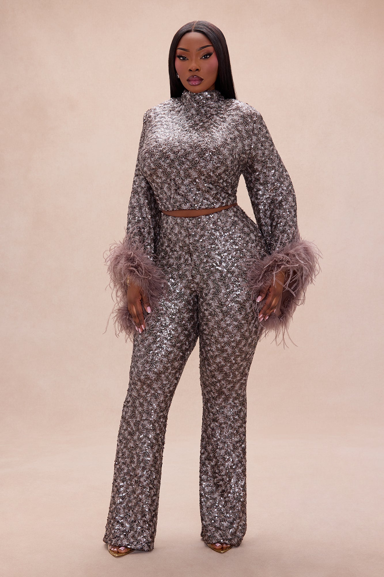 Opal Dreams Feathered Sequin Pant Set - Chocolate