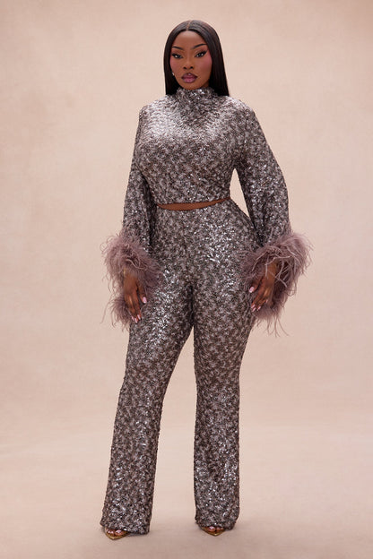 Opal Dreams Feathered Sequin Pant Set - Chocolate