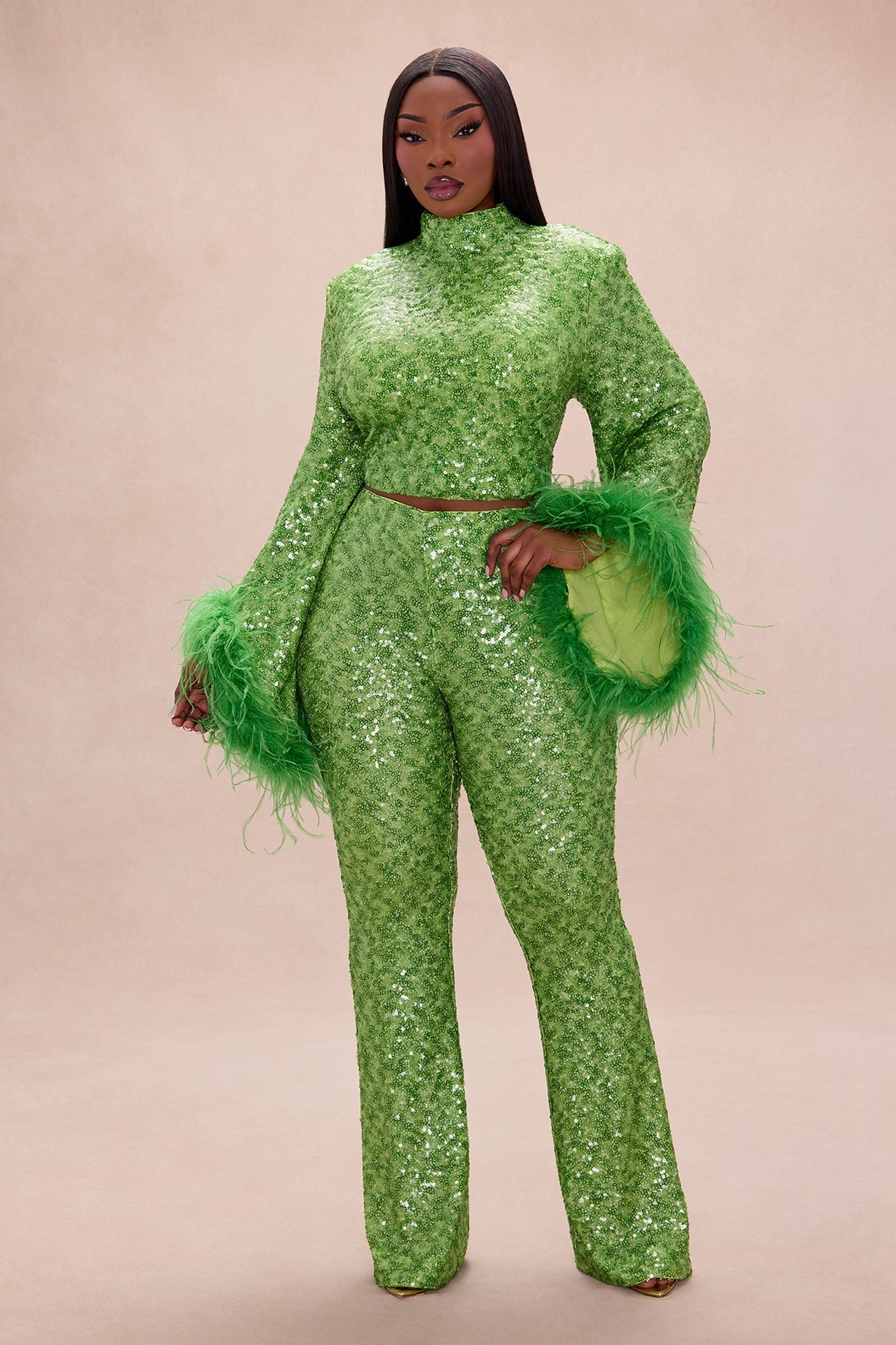 Opal Dreams Feathered Sequin Pant Set - Green