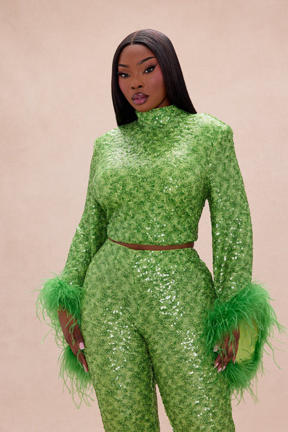 Opal Dreams Feathered Sequin Pant Set - Green