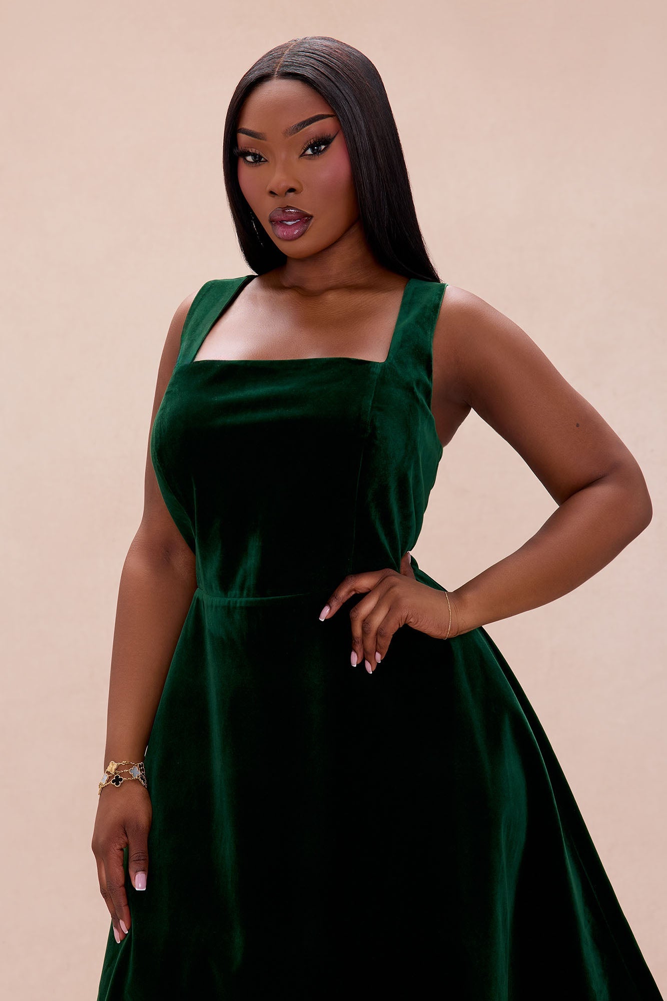 Camilla A Line Velvet Midi Dress - Emerald