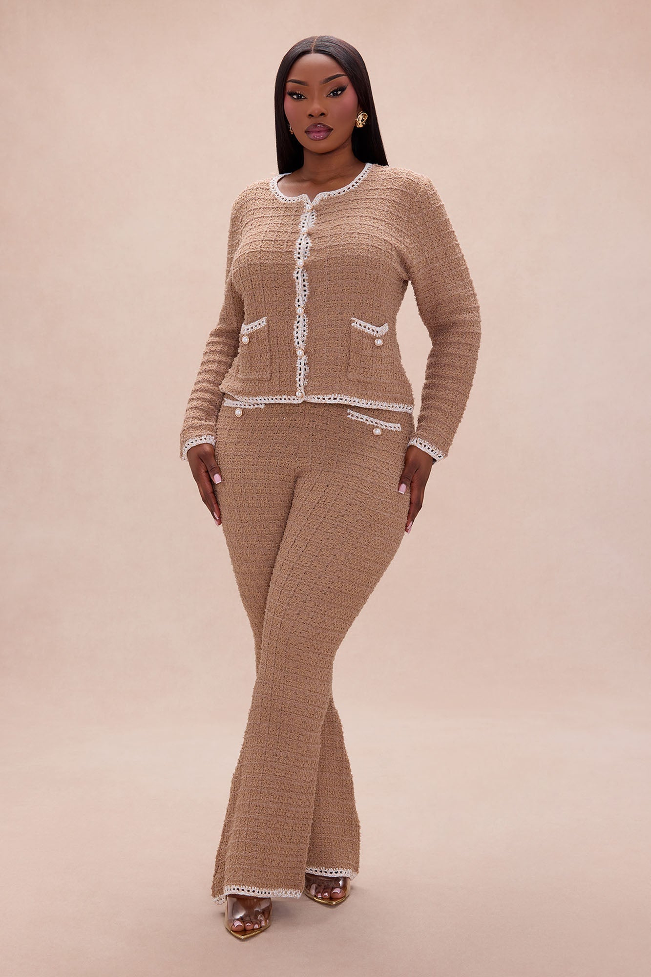 Giselle Embellished Tweed Pant Set - Mocha