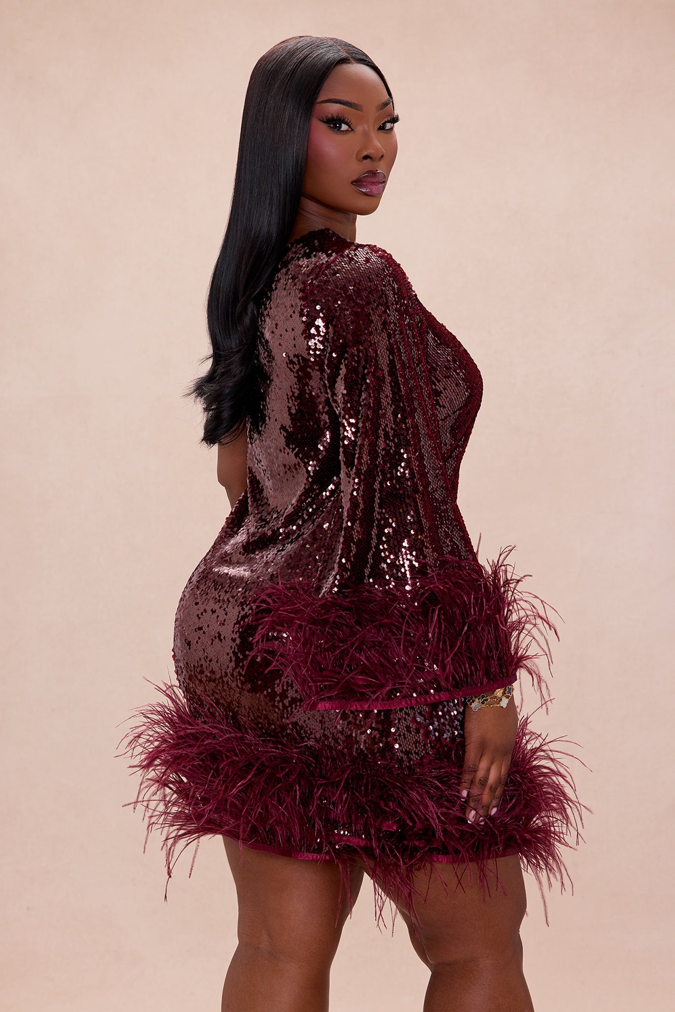 Robyn Sequin Feathered Mini Dress - Burgundy