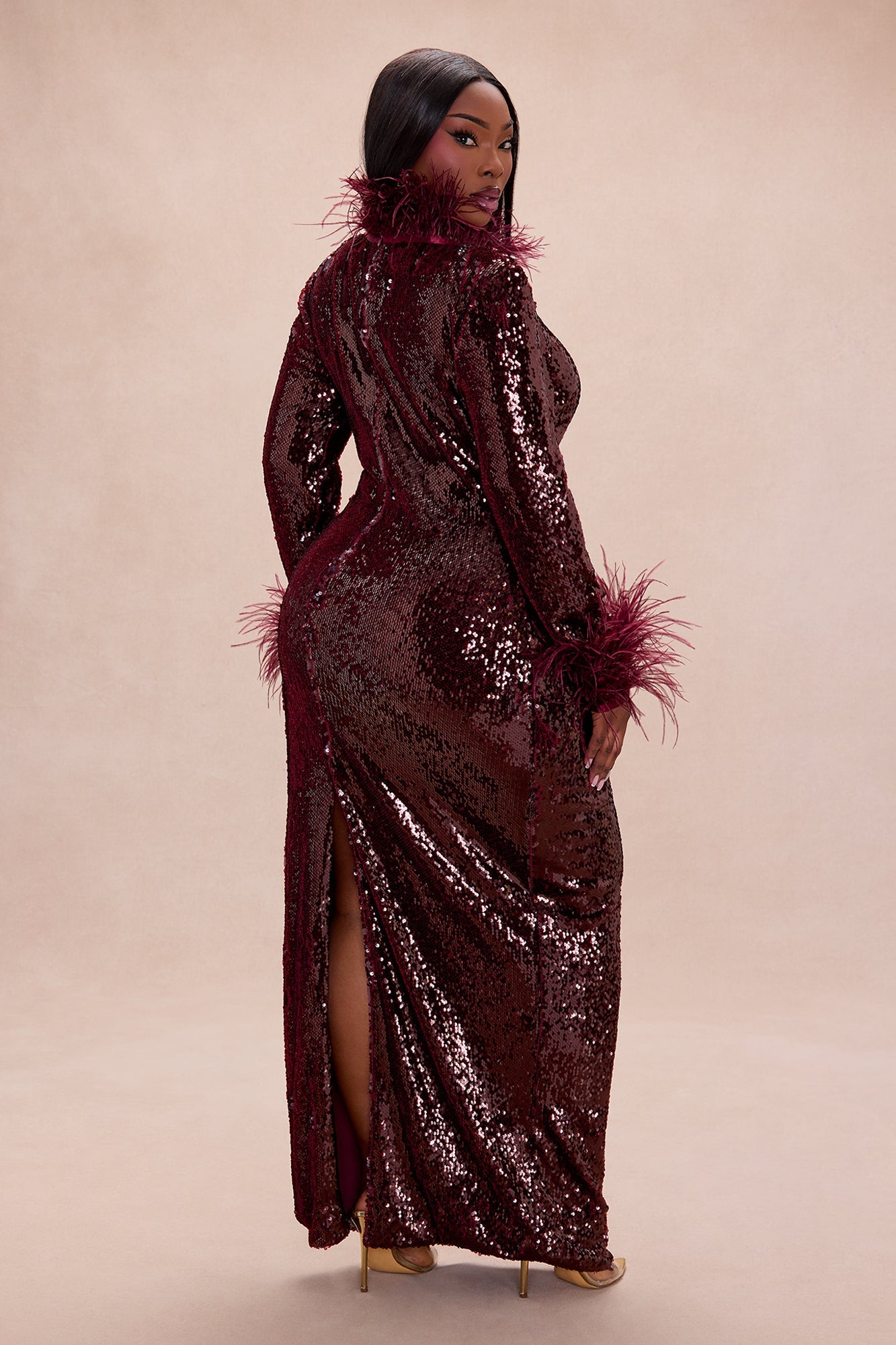 Robyn Sequin Feathered Maxi Dress - Burgundy