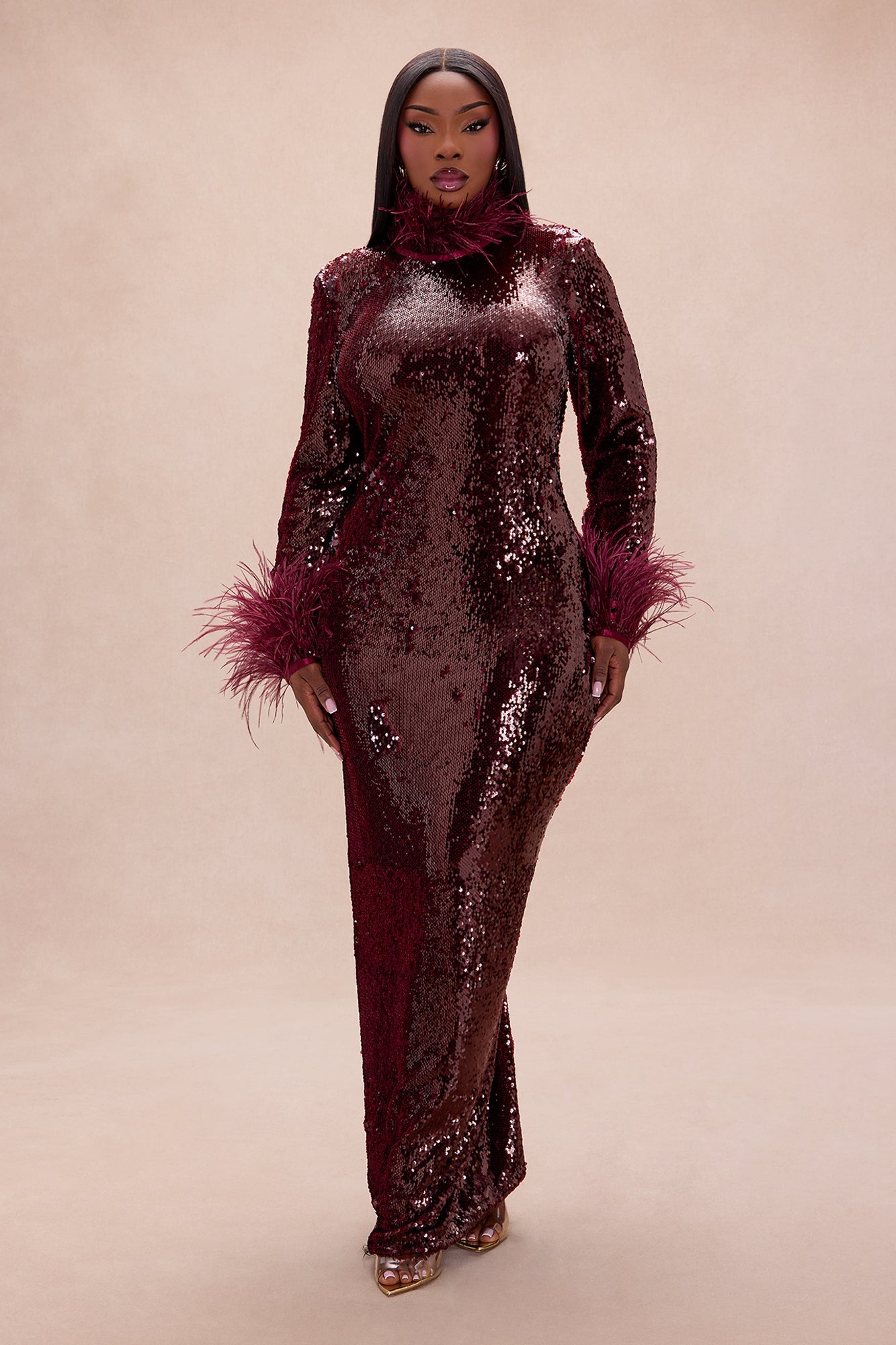 Robyn Sequin Feathered Maxi Dress - Burgundy