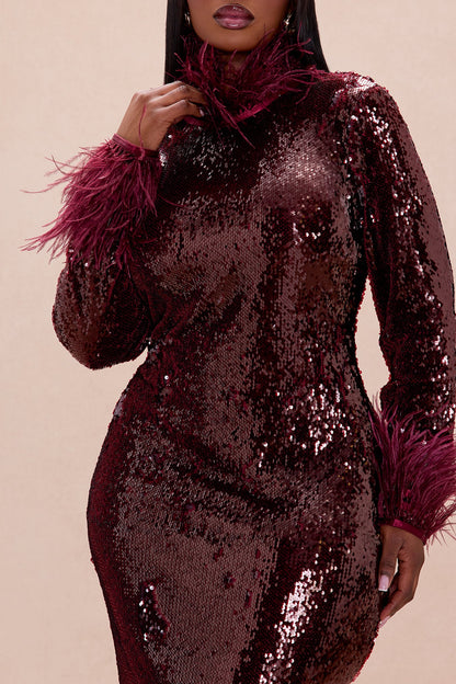 Robyn Sequin Feathered Maxi Dress - Burgundy