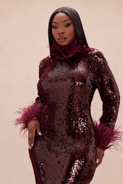 Robyn Sequin Feathered Maxi Dress - Burgundy