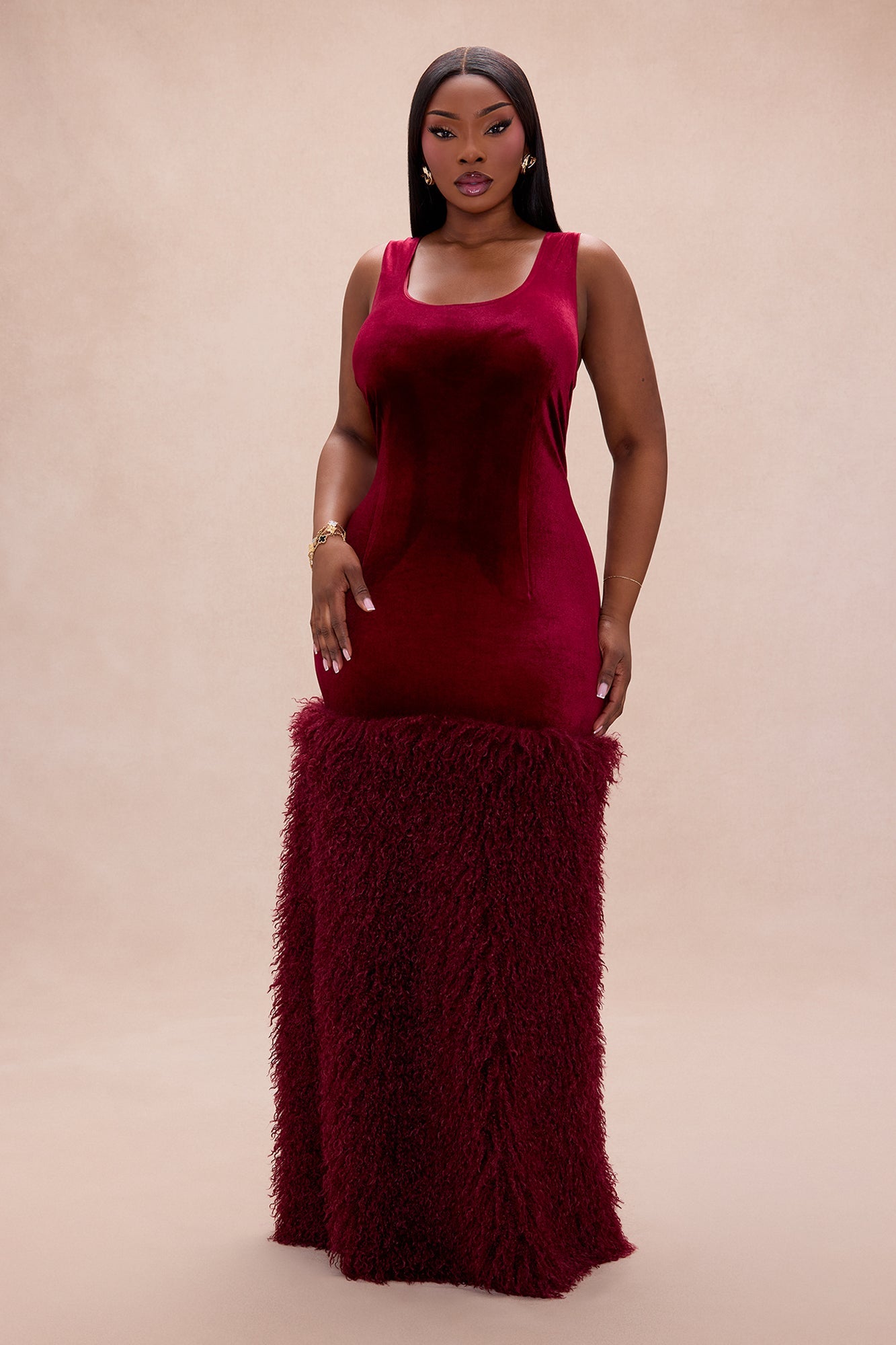 Star Studded Velvet Maxi Dress - Burgundy