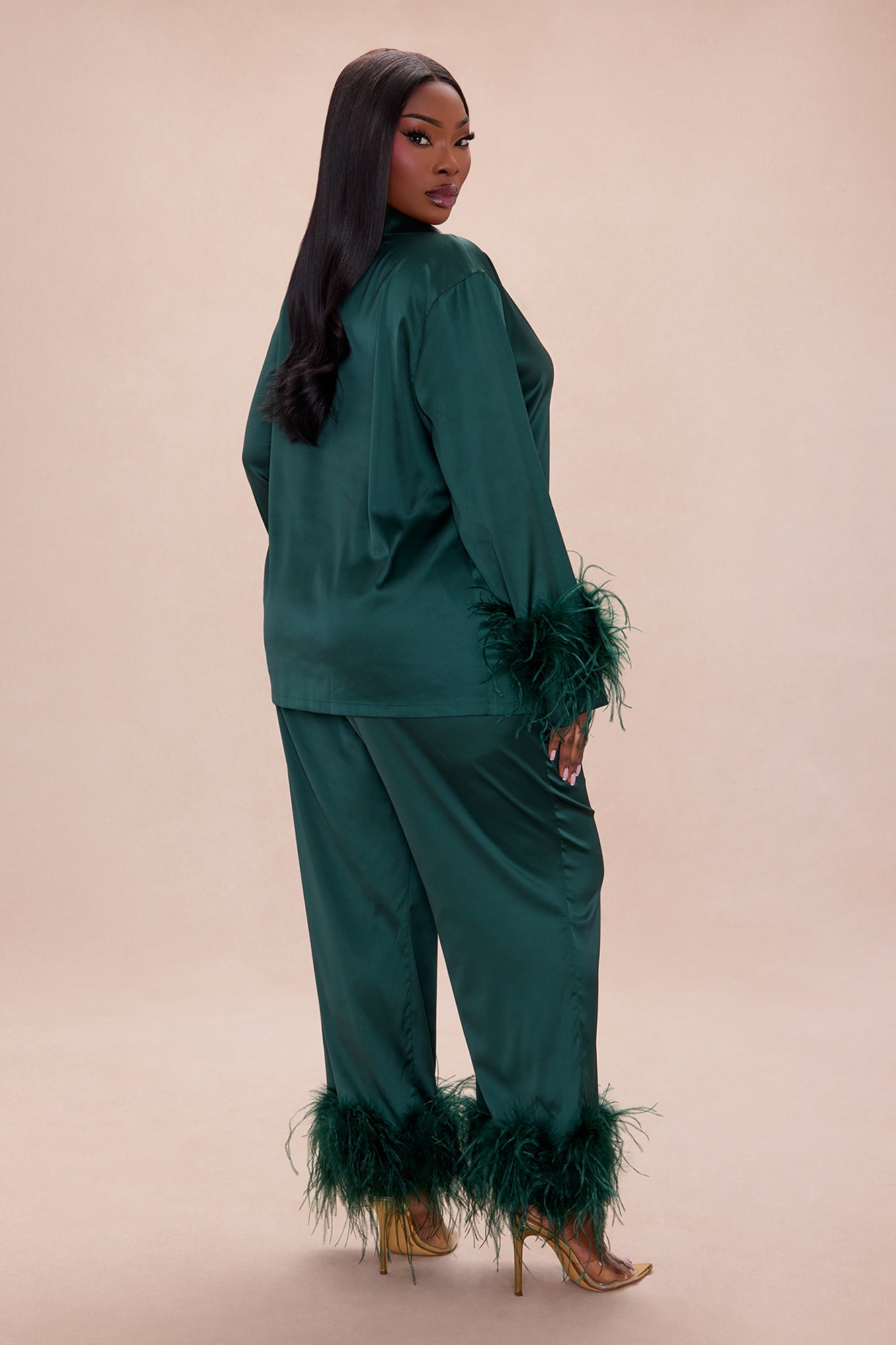Alexandra Feathered Satin Pant Set - Hunter
