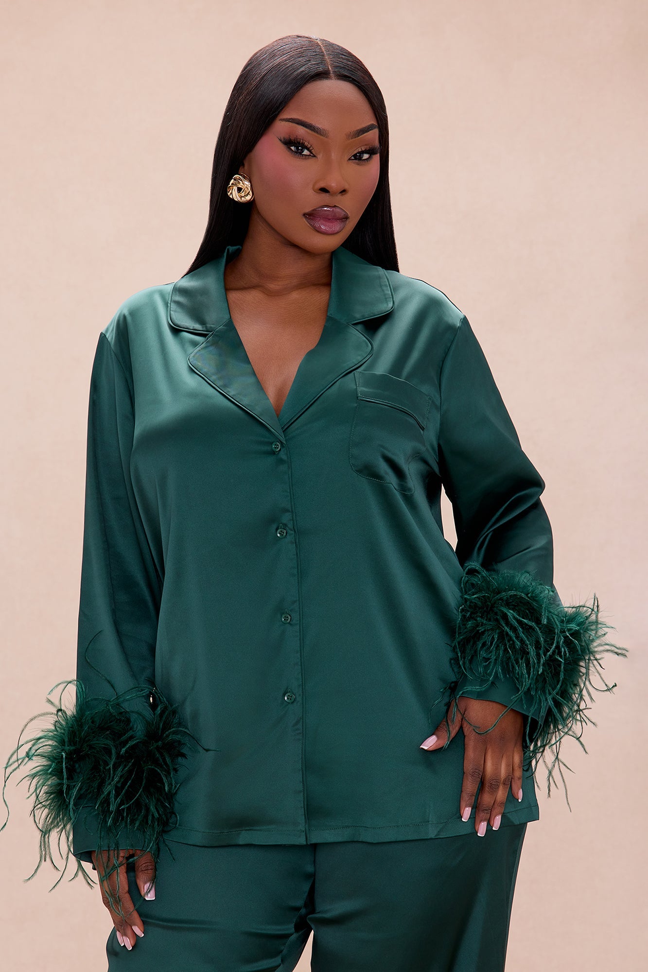 Alexandra Feathered Satin Pant Set - Hunter