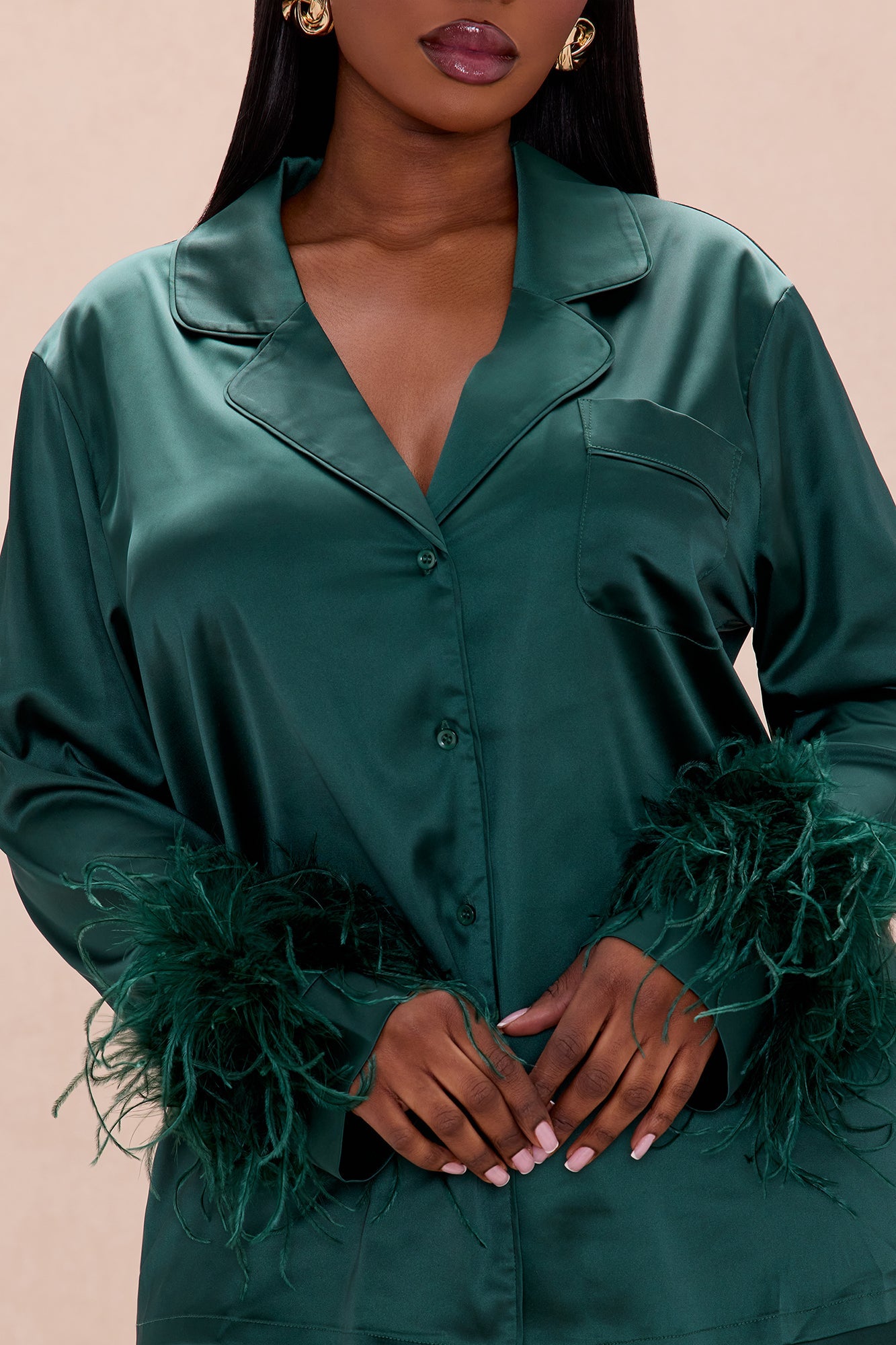 Alexandra Feathered Satin Pant Set - Hunter