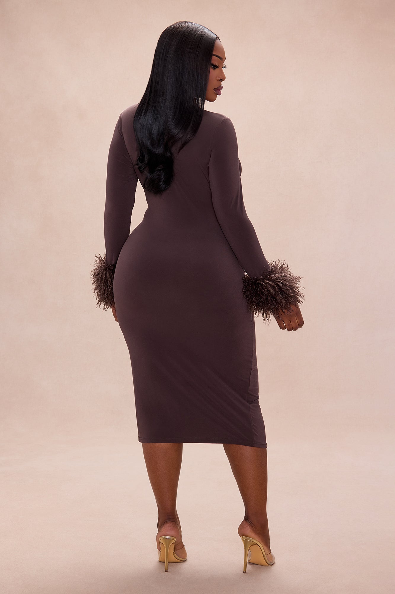 Francesca Fur Cuff Midi Dress - Brown