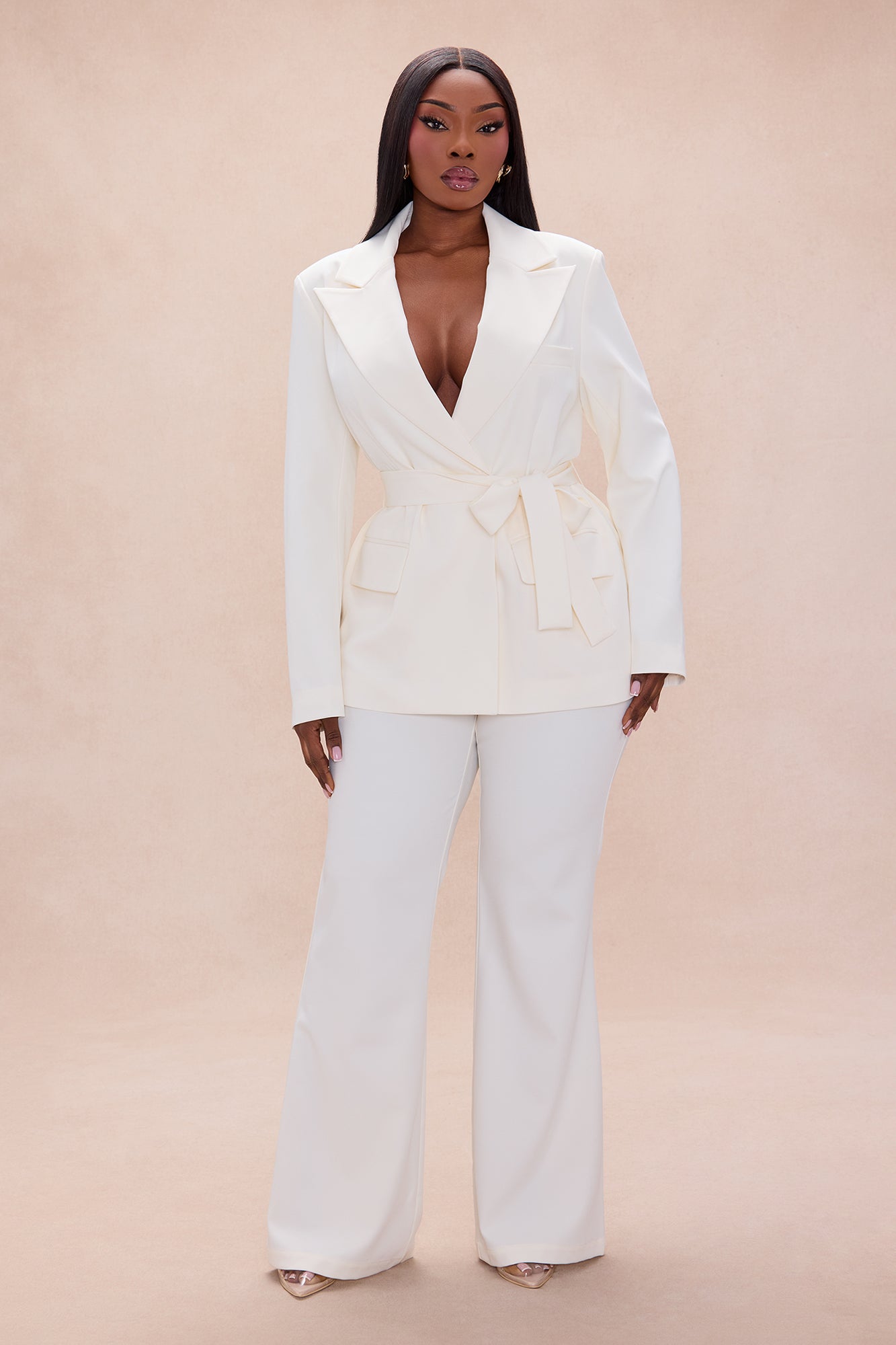 Raeline Tie Waist Blazer Pant Set - Cream