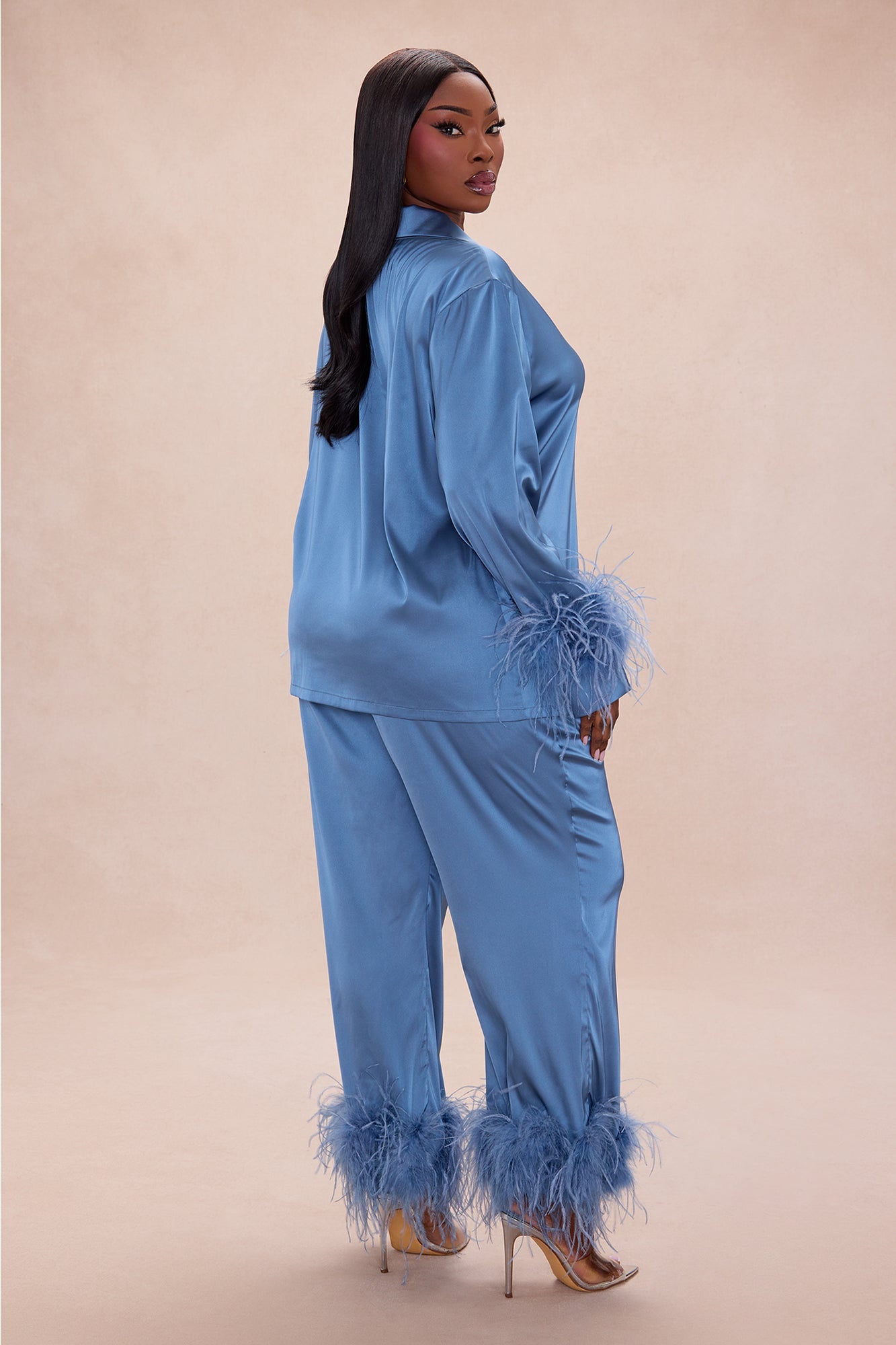 Alexandra Feathered Satin Pant Set - Slate Blue