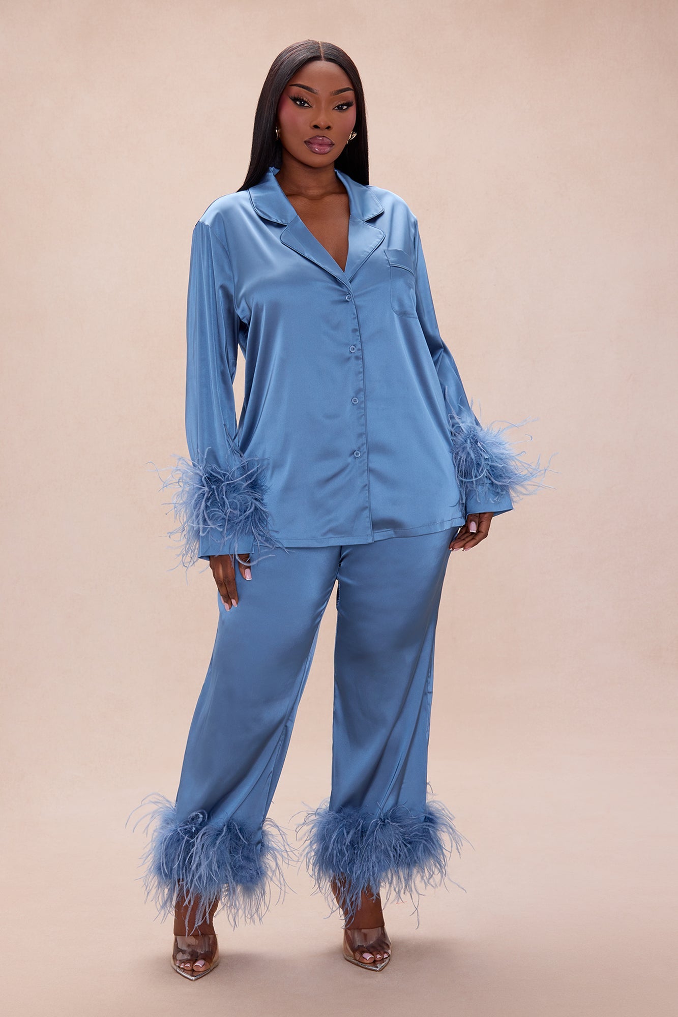 Alexandra Feathered Satin Pant Set - Slate Blue