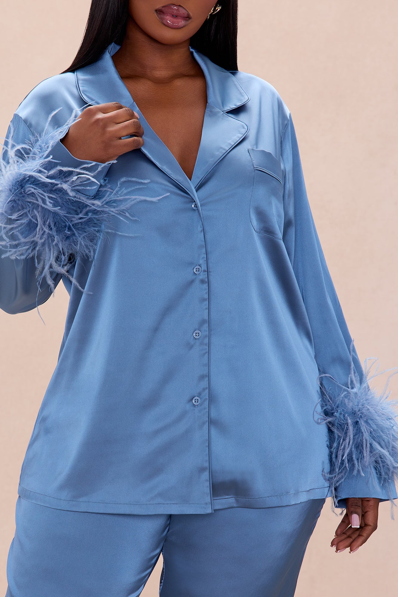 Alexandra Feathered Satin Pant Set - Slate Blue