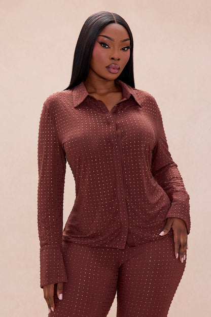 Gabrielle Rhinestone Mesh Pant Set - Chocolate