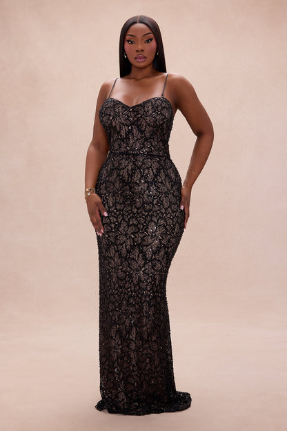 Alanna Beaded Lace Maxi Dress - Black