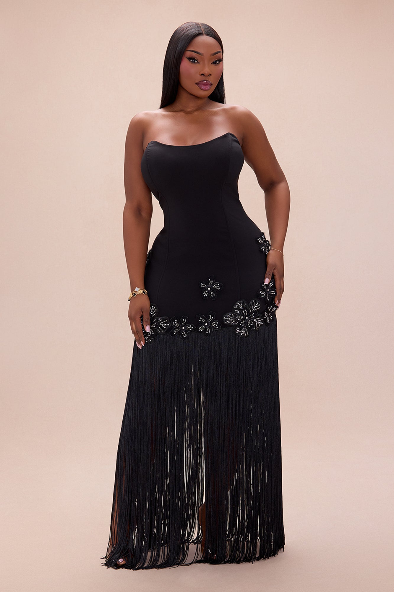 Rylnn Strapless Fringe Maxi Dress - Black