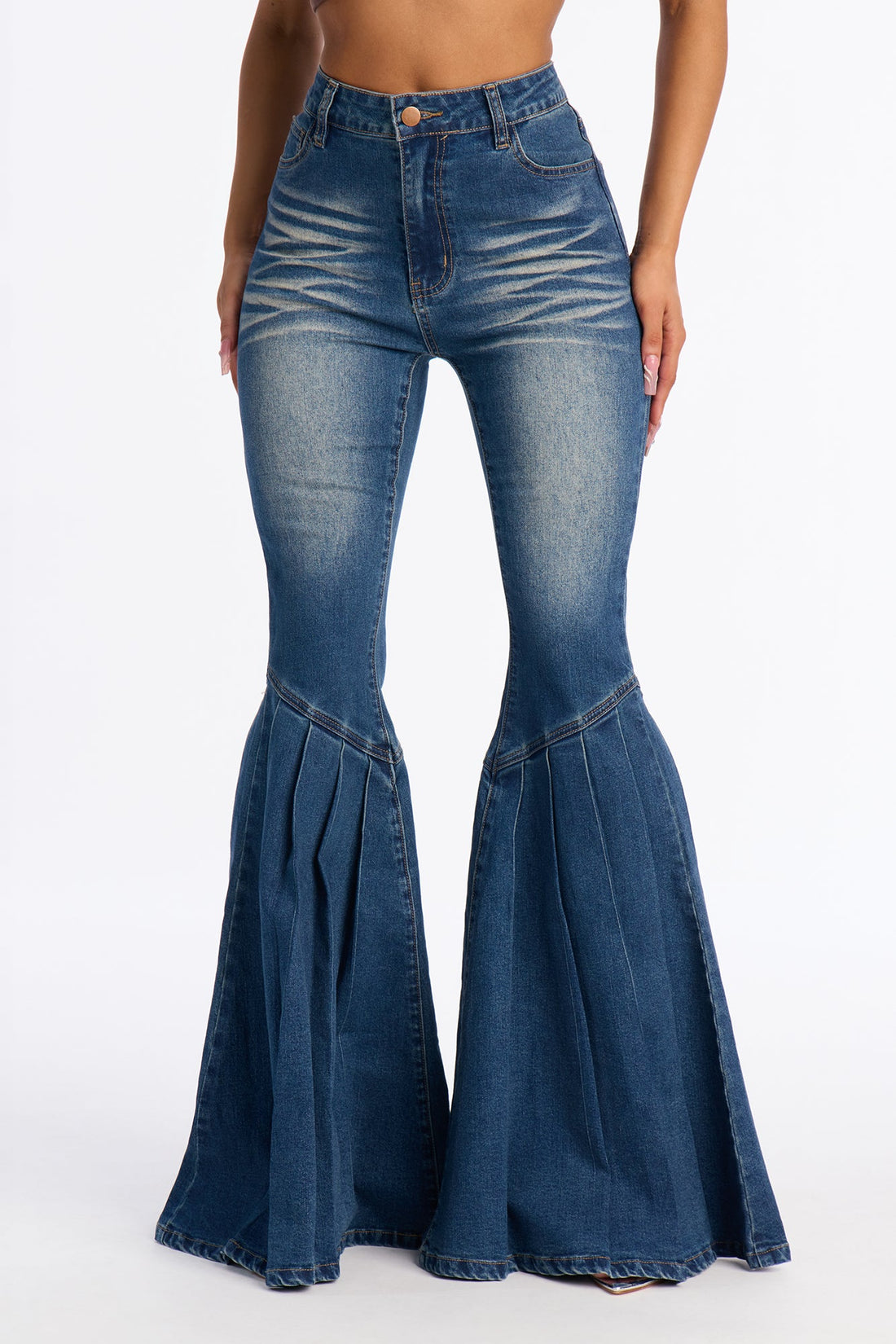 Stepping Out Pleated Flare Jeans - Dark Wash