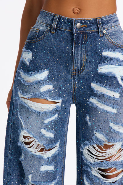 Stole The Spotlight Ripped Rhinestone Jeans - Dark Wash