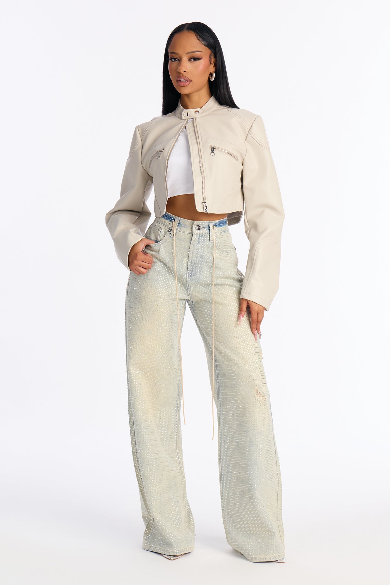 Fancy Pants Rhinestone Embellished Baggy Drawstring Jeans - Vintage Wash