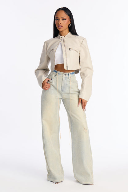 Fancy Pants Rhinestone Embellished Baggy Drawstring Jeans - Vintage Wash