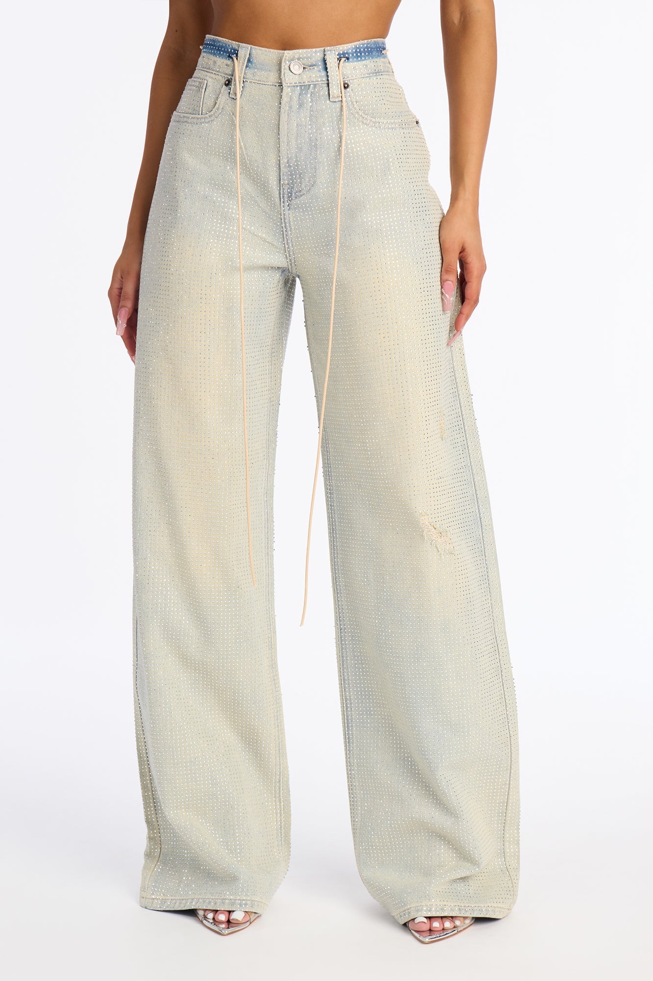 Fancy Pants Rhinestone Embellished Baggy Drawstring Jeans - Vintage Wash
