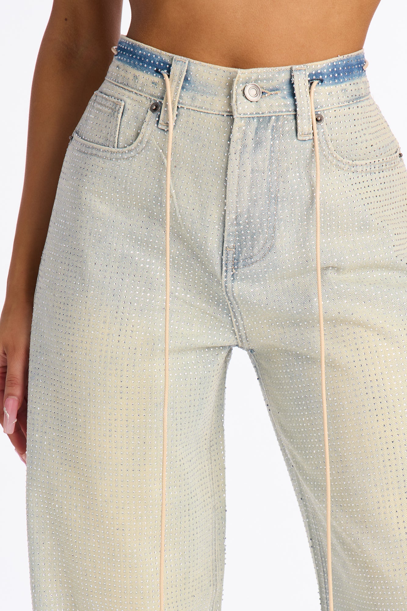 Fancy Pants Rhinestone Embellished Baggy Drawstring Jeans - Vintage Wash