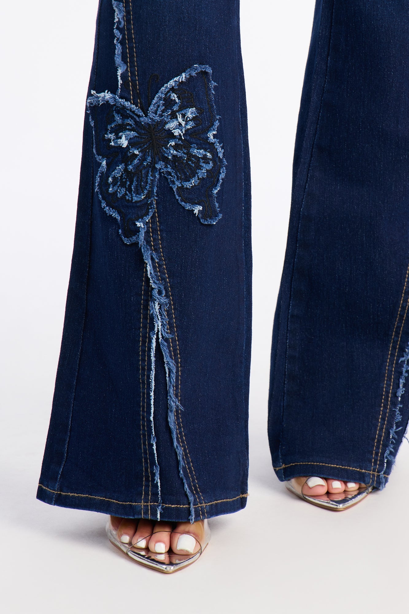Fluttering Butterfly Embroidered Flare Jeans - Dark Wash