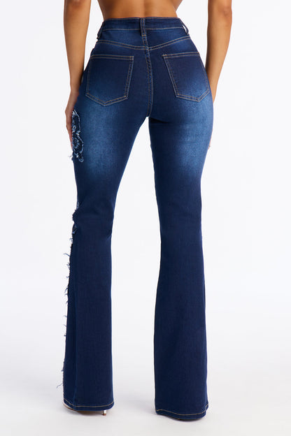 Fluttering Butterfly Embroidered Flare Jeans - Dark Wash