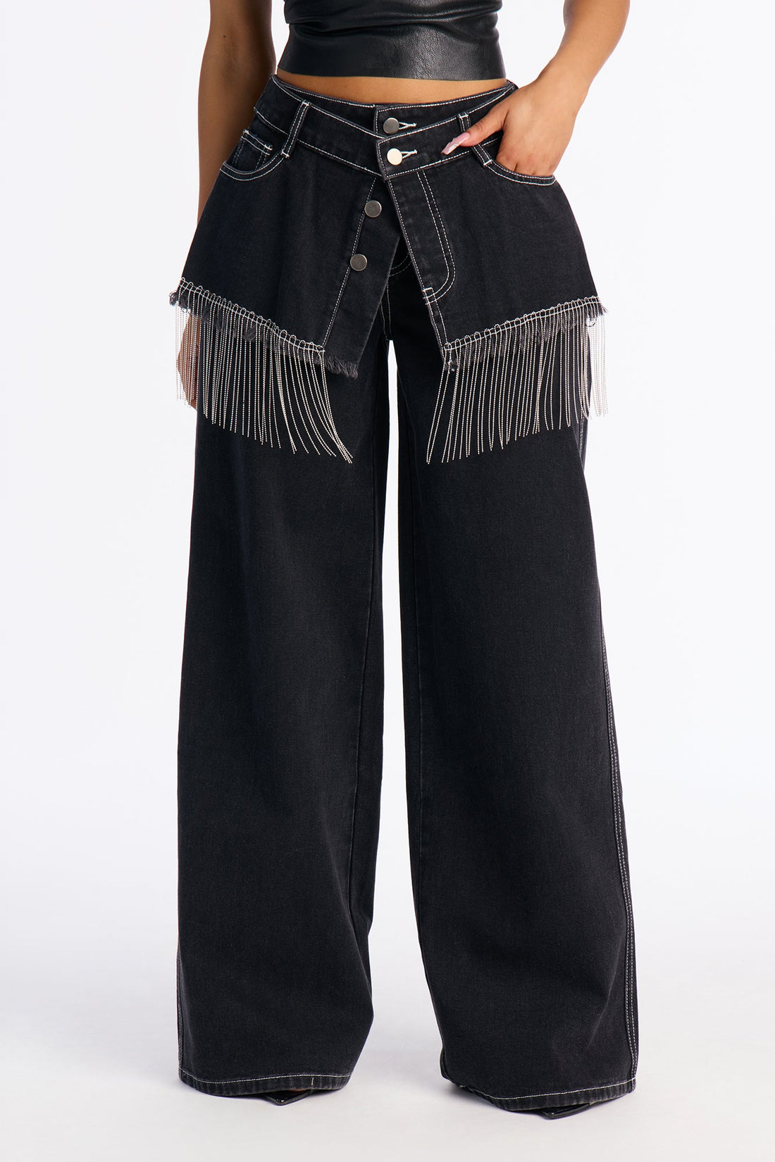 Skirting Around Fringe Wide Leg Jeans - Black