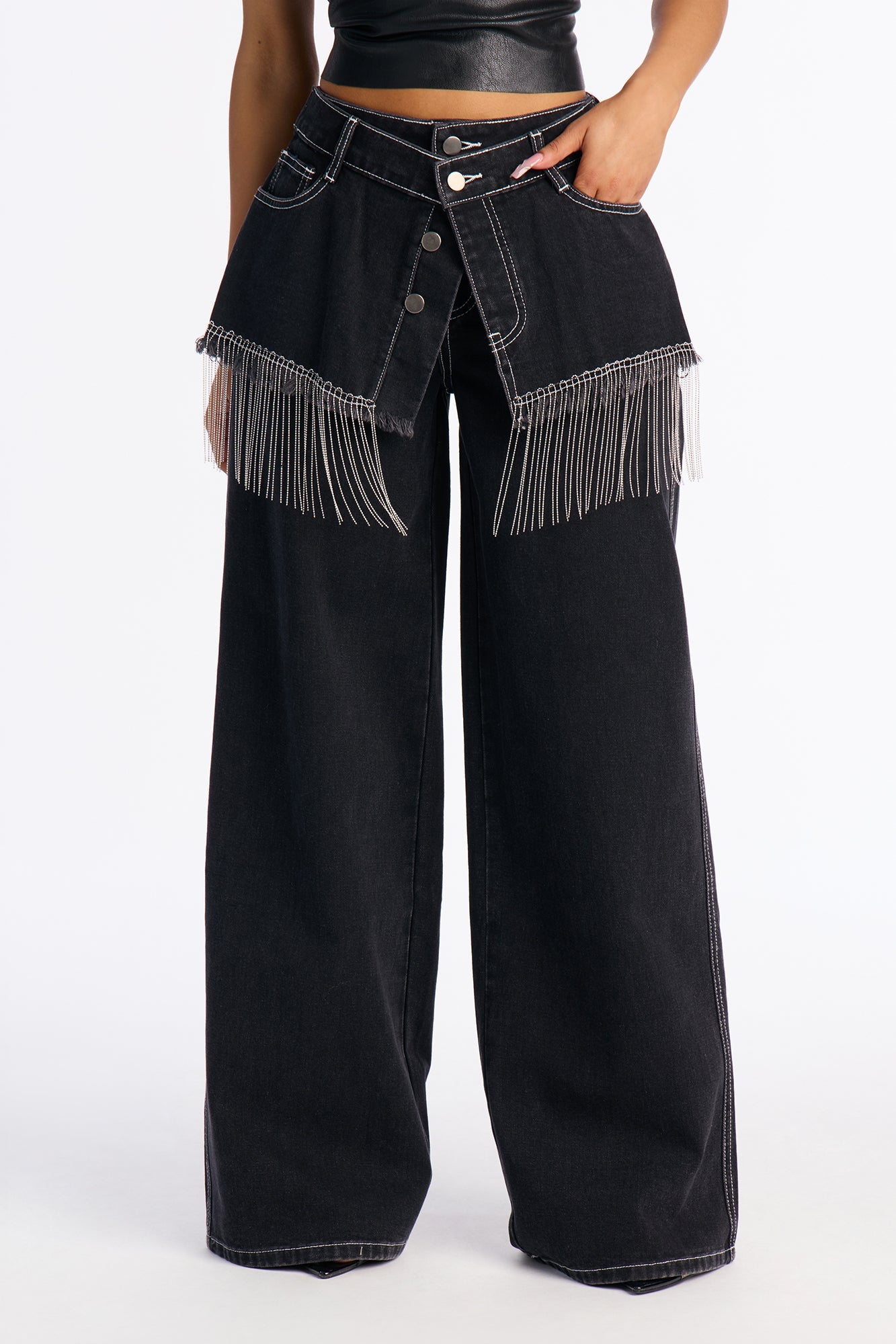 Skirting Around Fringe Wide Leg Jeans - Black