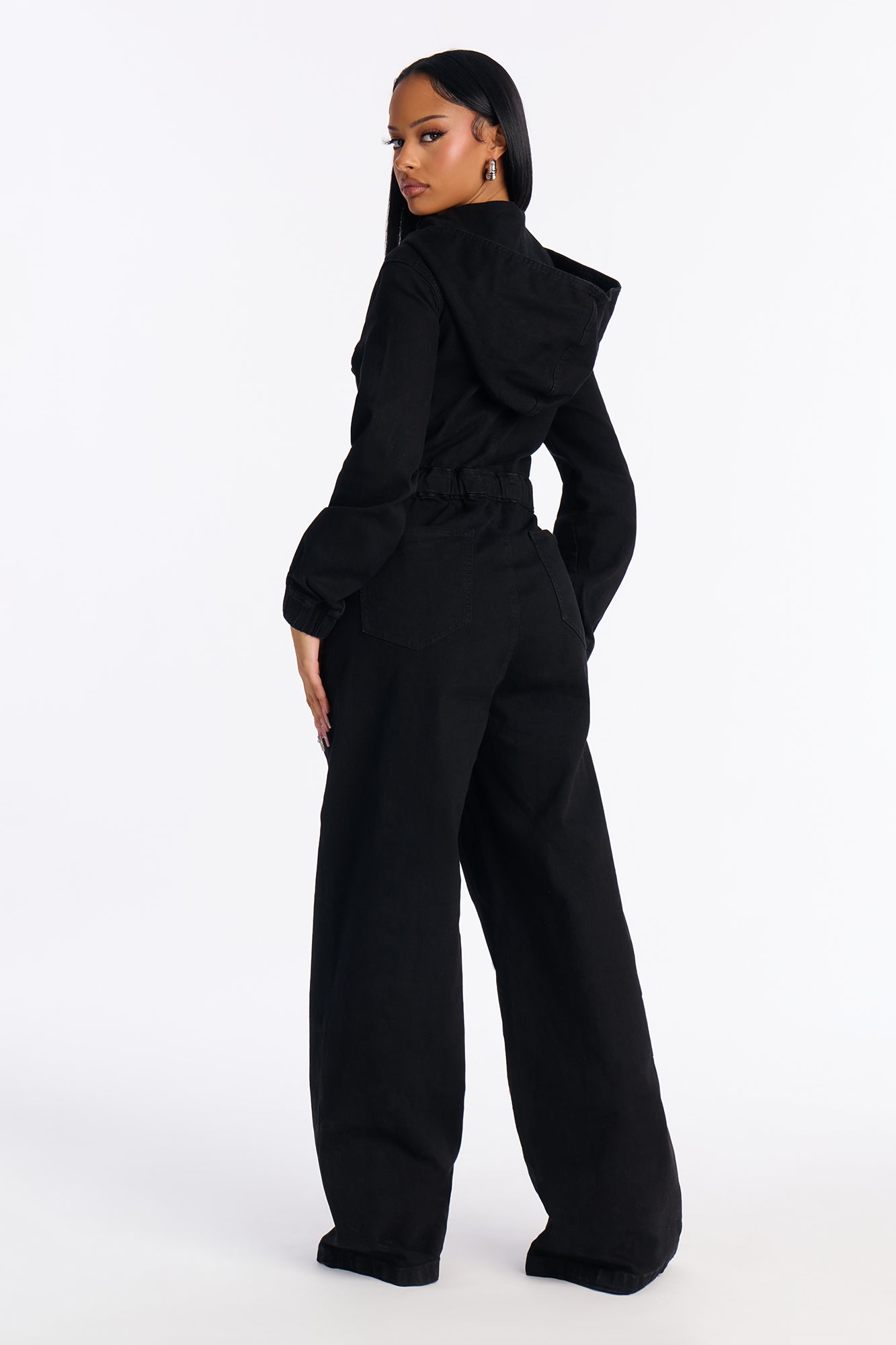 For The Hustle Hooded Utility Denim Jumpsuit - Black