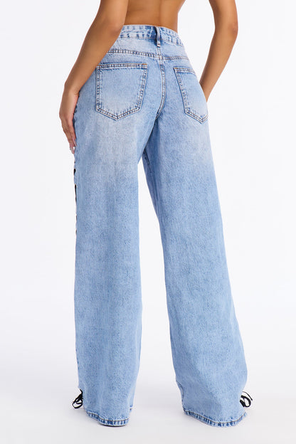 London Laced Dropped Waist Non-Stretch Jeans - Light Wash