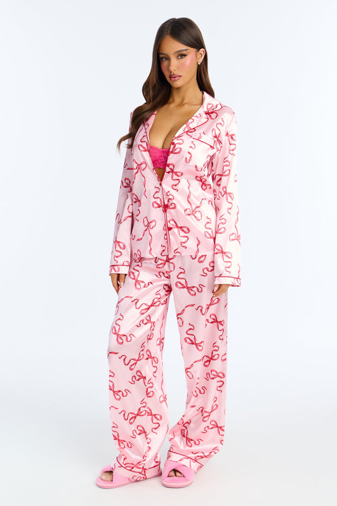 Bedtime Stretch Satin Long Sleeve PJ Pant Set - Pink/combo
