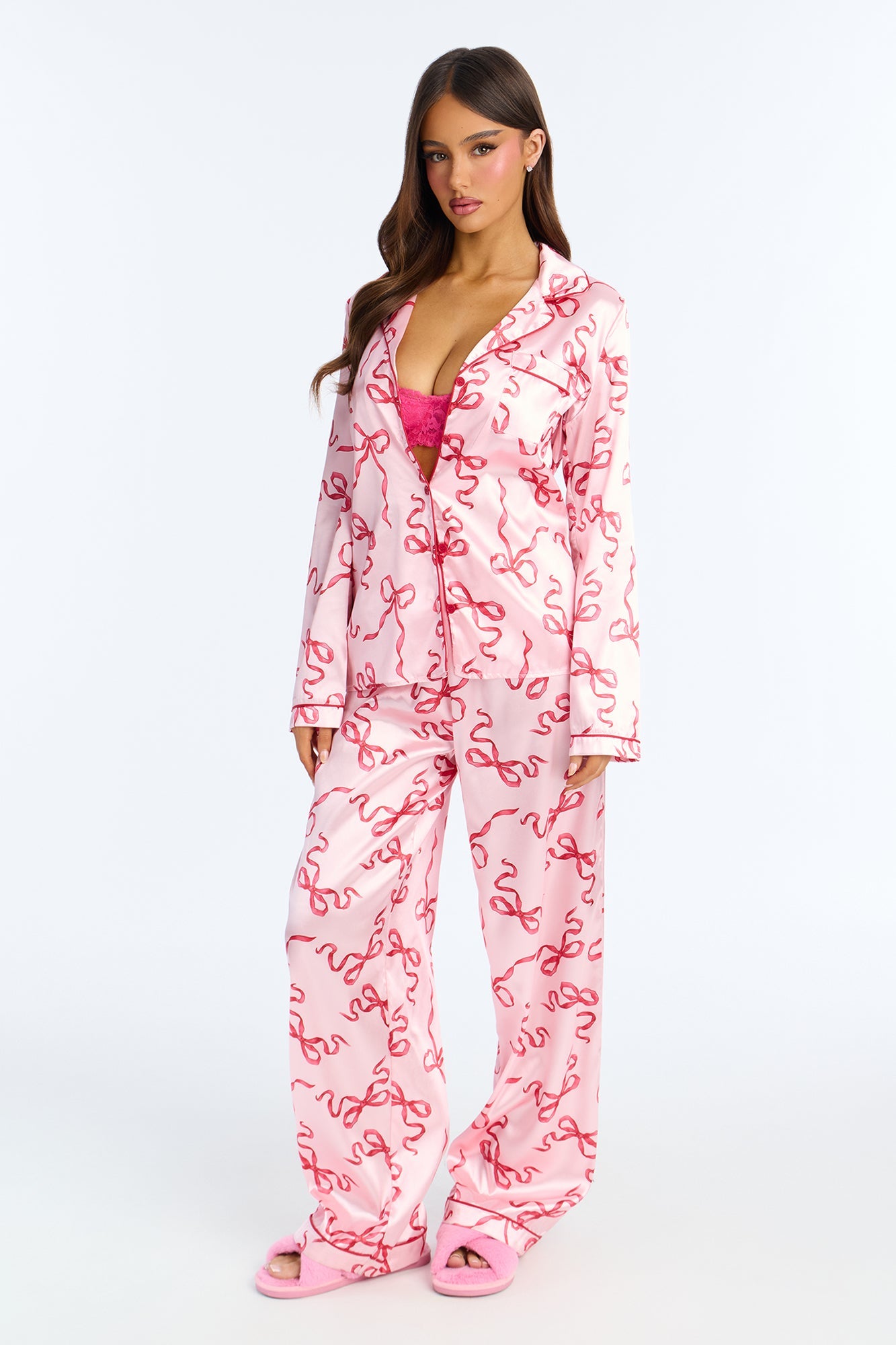 Bedtime Stretch Satin Long Sleeve PJ Pant Set - Pink/combo