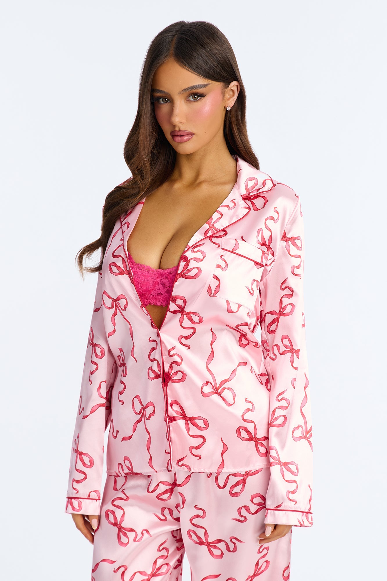 Bedtime Stretch Satin Long Sleeve PJ Pant Set - Pink/combo