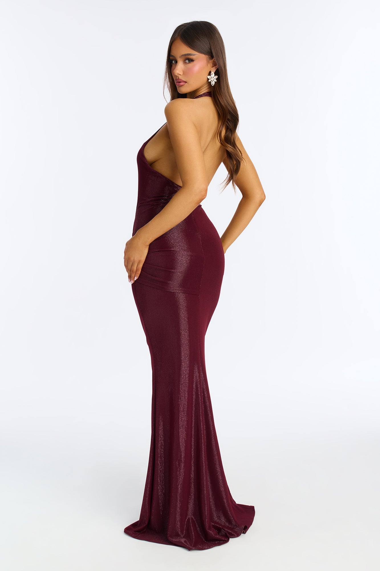 All For You Backless Metallic Maxi Dress - Burgundy