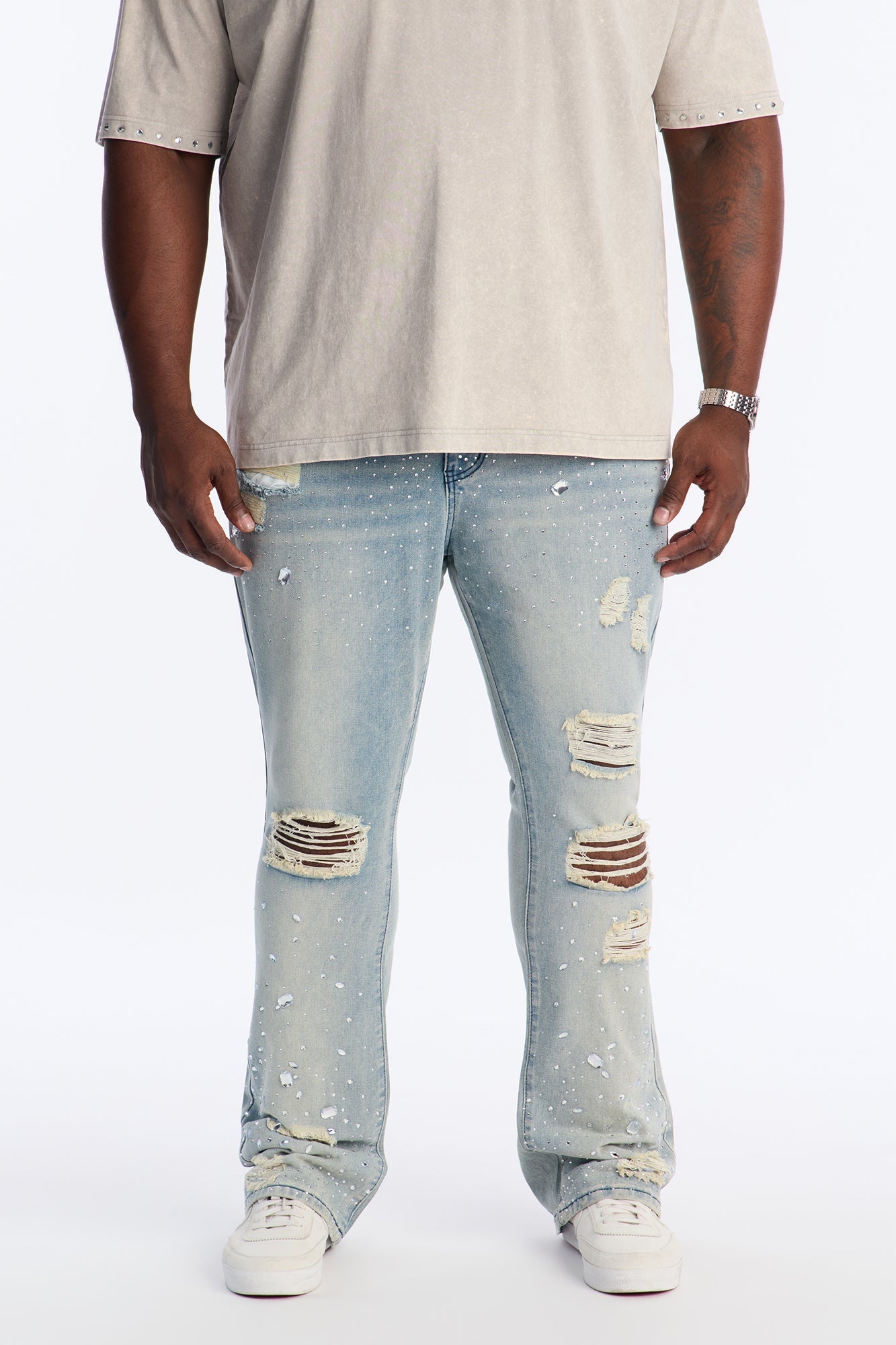 Stacked Skinny Flare Walk Me Through Jeweled Distressed Jean - Medium Blue Wash