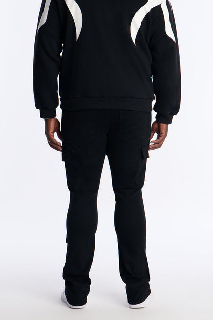 Stacked Skinny Flare Speckled Jeweled Cargo Jean - Black